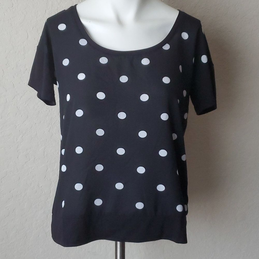 Joe Fresh Black White Polka Dot Short Sleeve Top Size Small Crew Neck Blouse